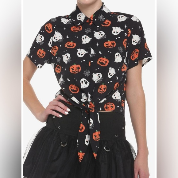 Halloween pumpkin ghost spider web front tie blouse - Picture 1 of 4